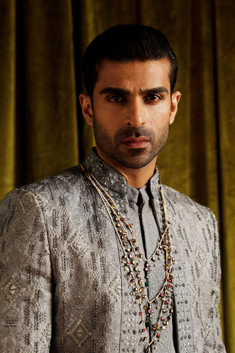 Slate Grey Embroidered Jacquard Achkan Sherwani (3-Piece) - Image 2