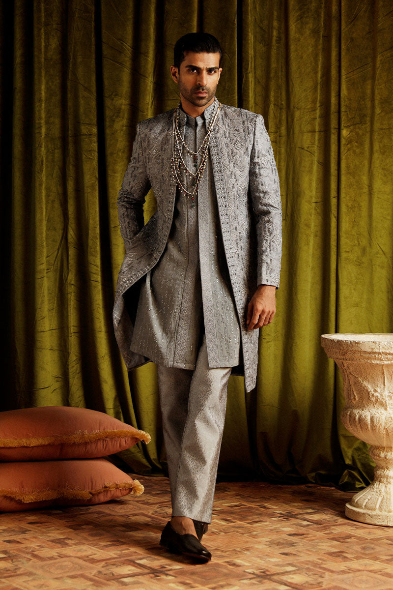 Slate Grey Embroidered Jacquard Achkan Sherwani (3-Piece) - Image 4