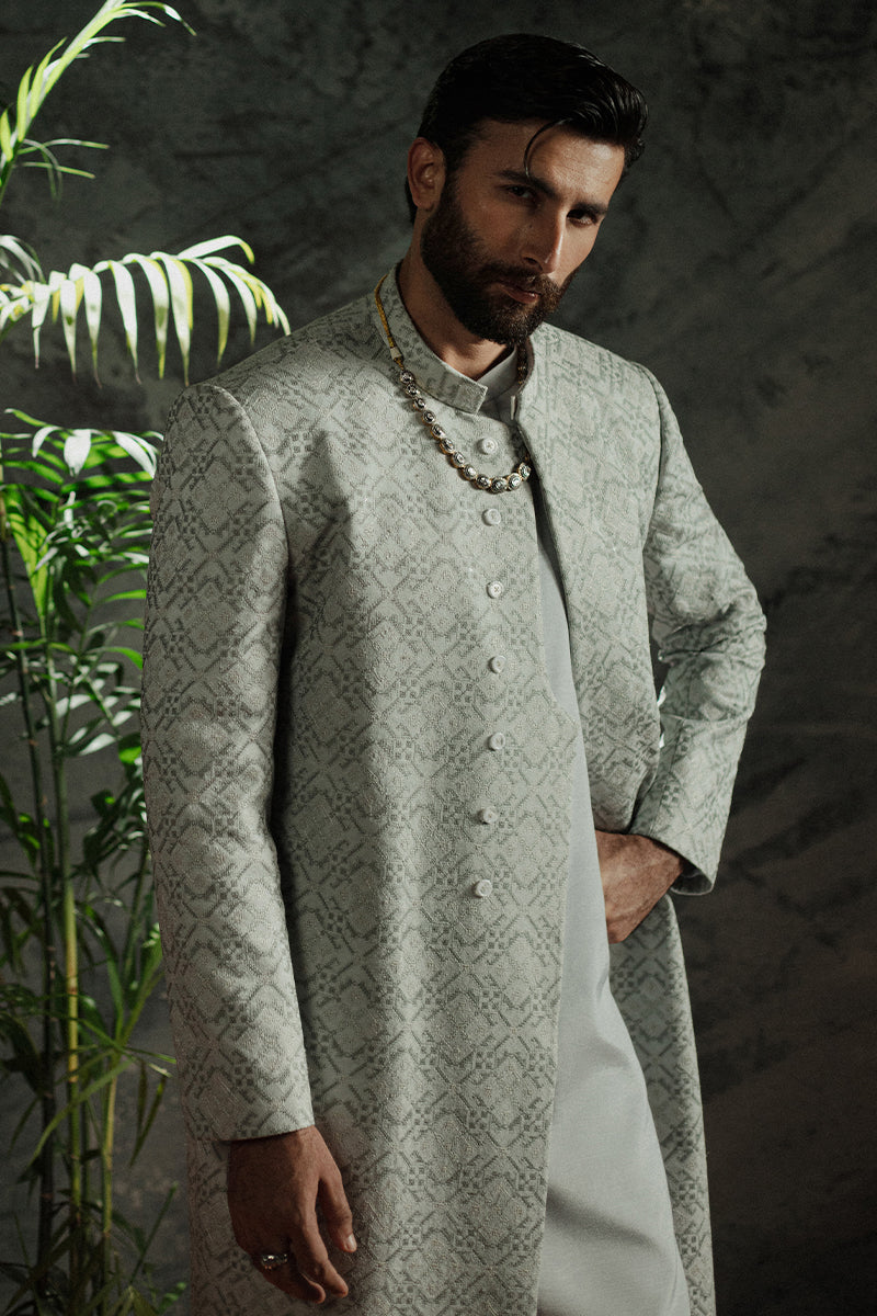 Ice Grey Cross Stitch Jamawar Achkan Sherwani (3-Piece) - Image 3