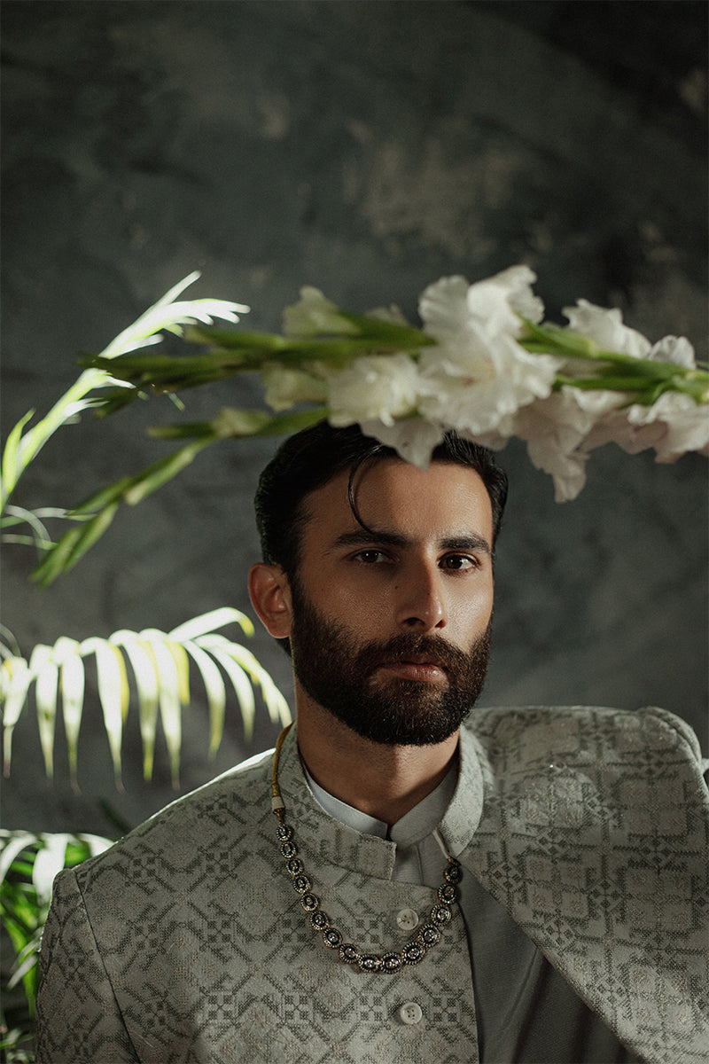 Ice Grey Cross Stitch Jamawar Achkan Sherwani (3-Piece) - Image 5