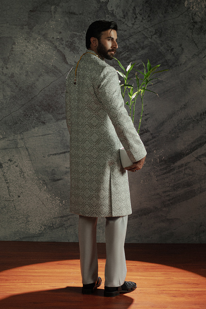 Ice Grey Cross Stitch Jamawar Achkan Sherwani (3-Piece) - Image 6