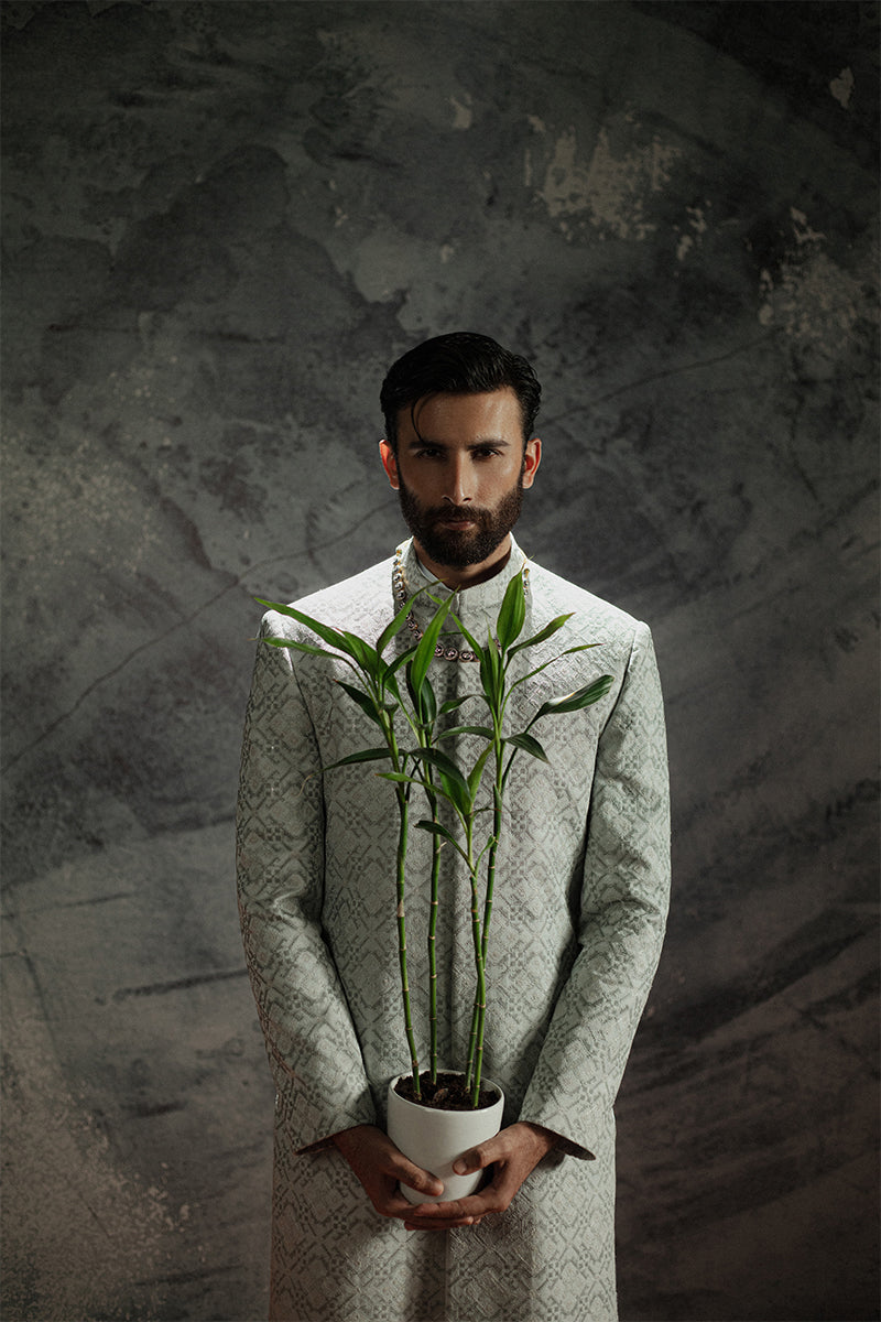 Ice Grey Cross Stitch Jamawar Achkan Sherwani (3-Piece) - Image 7