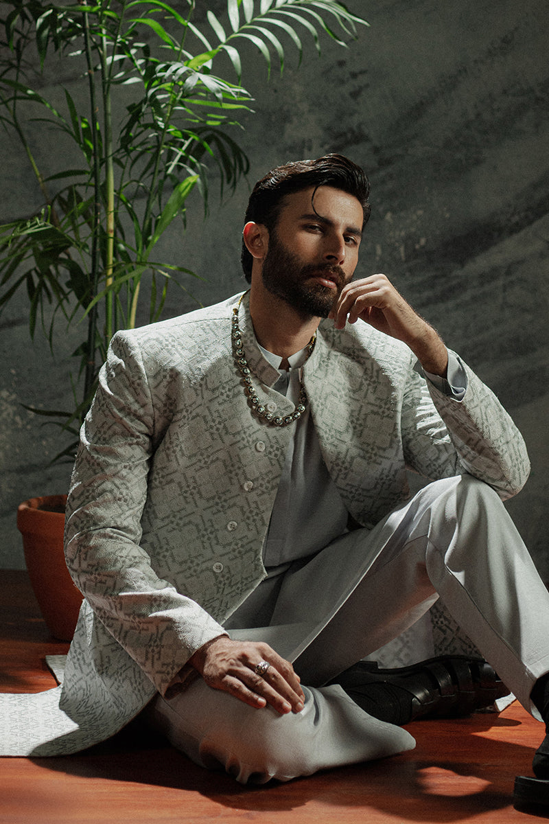 Ice Grey Cross Stitch Jamawar Achkan Sherwani (2-Piece) - Image 2