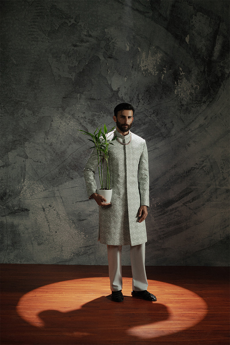 Ice Grey Cross Stitch Jamawar Achkan Sherwani (2-Piece) - Image 3