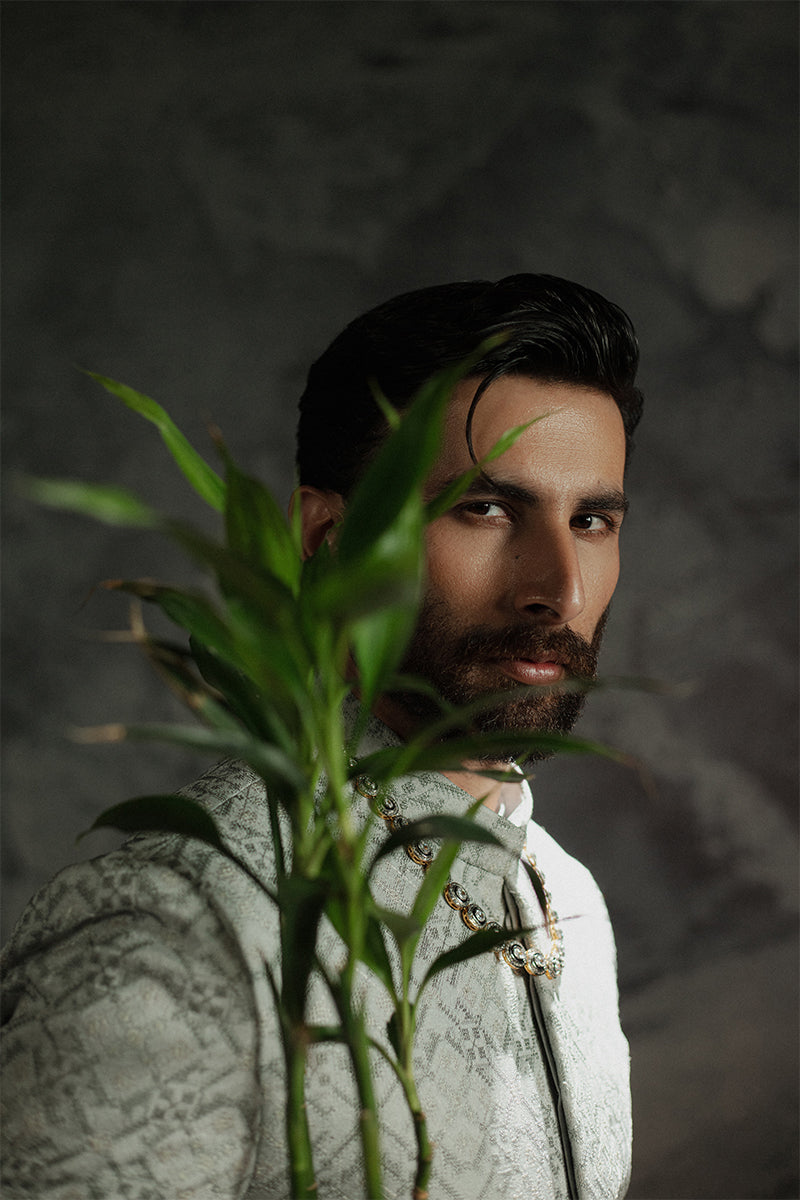 Ice Grey Cross Stitch Jamawar Achkan Sherwani (2-Piece) - Image 8