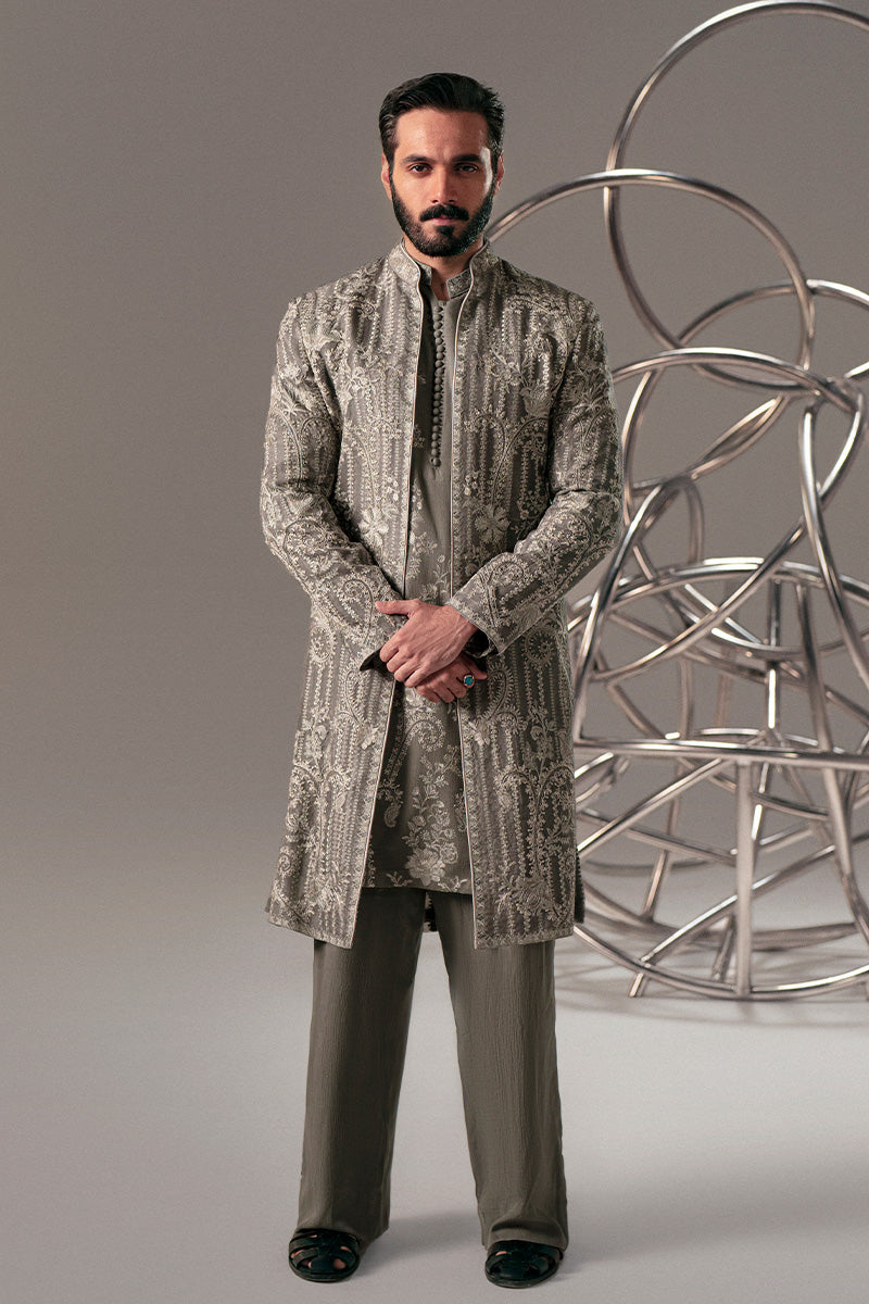 Midnight Grey Embroidered Organza Sherwani (2-Piece) - Image 1