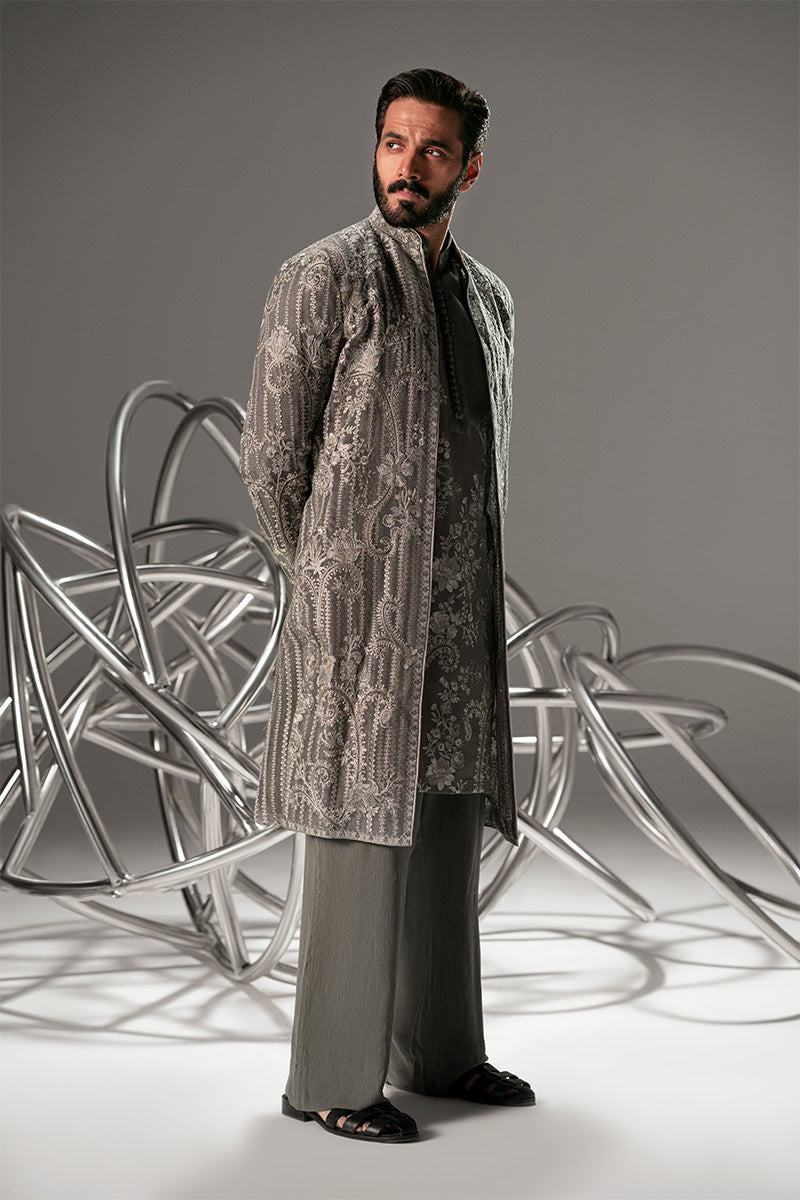 Midnight Grey Embroidered Organza Sherwani (2-Piece) - Image 2