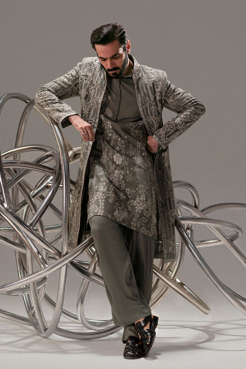 Midnight Grey Embroidered Organza Sherwani (2-Piece) - Image 4