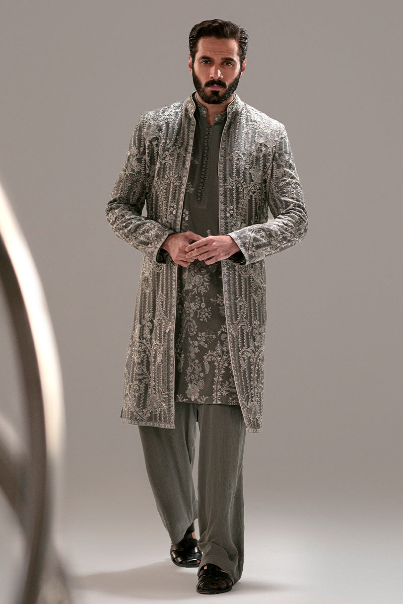 Midnight Grey Embroidered Organza Sherwani (2-Piece) - Image 7