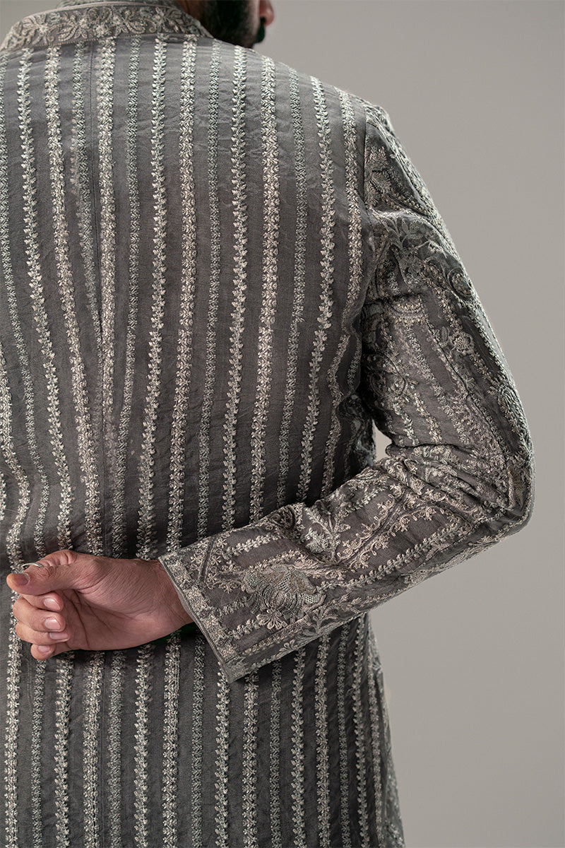 Midnight Grey Embroidered Organza Achkan Sherwani (3-Piece) - Image 10