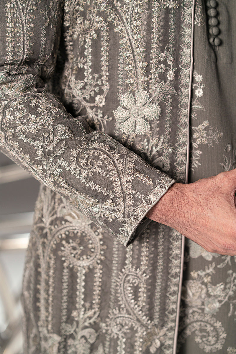 Midnight Grey Embroidered Organza Achkan Sherwani (3-Piece) - Image 5