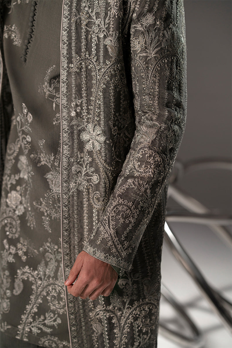 Midnight Grey Embroidered Organza Achkan Sherwani (3-Piece) - Image 6