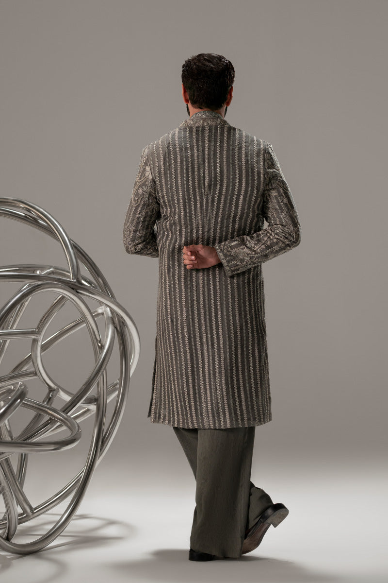 Midnight Grey Embroidered Organza Achkan Sherwani (3-Piece) - Image 9