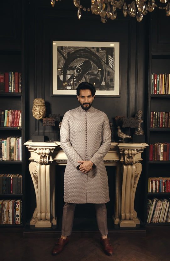 Grey Resham Embroidered Raw Silk Sherwani (2-Piece) - Image 1