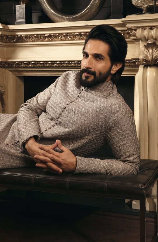 Grey Resham Embroidered Raw Silk Sherwani (2-Piece) - Image 3