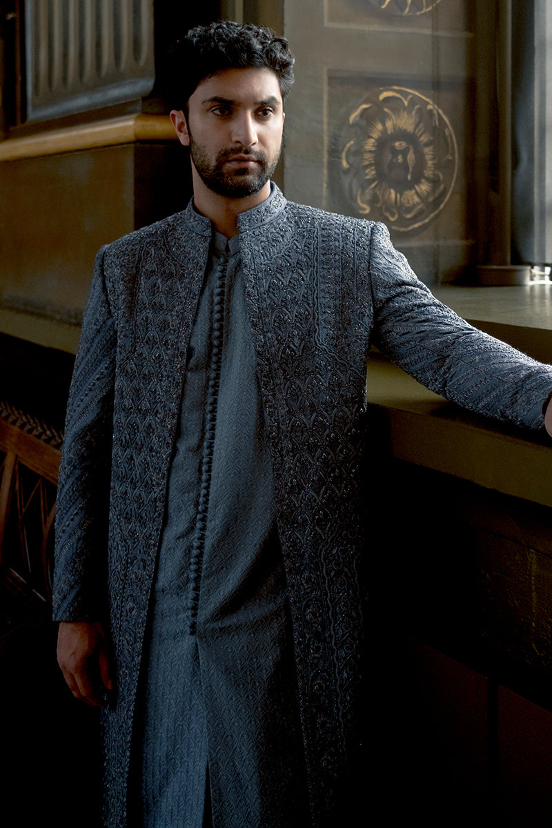 Grey Hand-Embroidered Silk-Blend Achkan Sherwani (3-Piece) - Image 2