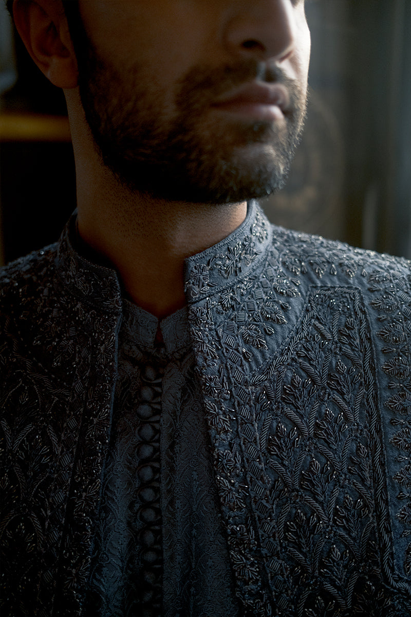 Grey Hand-Embroidered Silk-Blend Achkan Sherwani (3-Piece) - Image 3