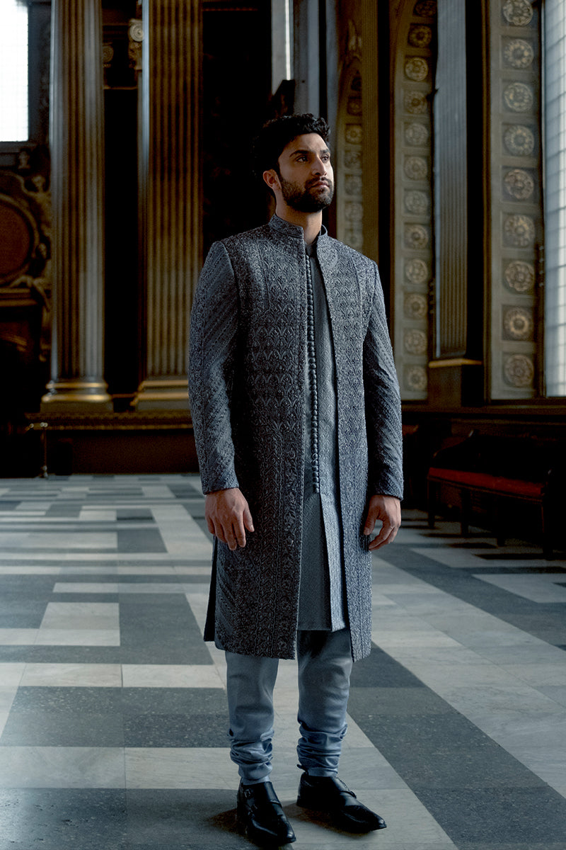 Grey Hand-Embroidered Silk-Blend Achkan Sherwani (3-Piece) - Image 4