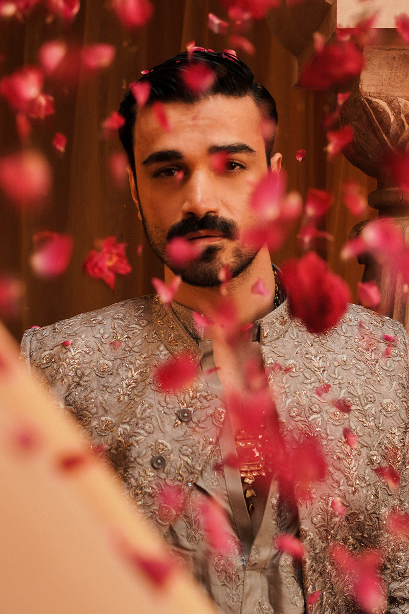 Grey Stone-Wash Embroidered Silk-Blend Achkan Sherwani (2-Piece) - Image 2