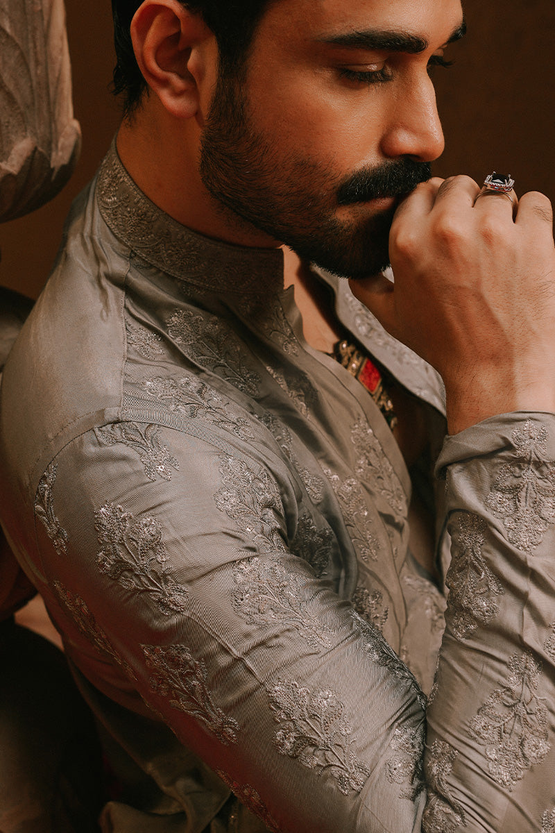 Grey Stone-Wash Embroidered Silk-Blend Achkan Sherwani (2-Piece) - Image 3