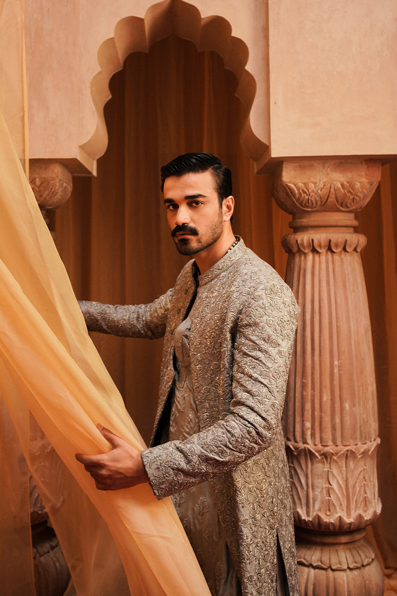 Grey Stone-Wash Embroidered Silk-Blend Achkan Sherwani (2-Piece) - Image 4