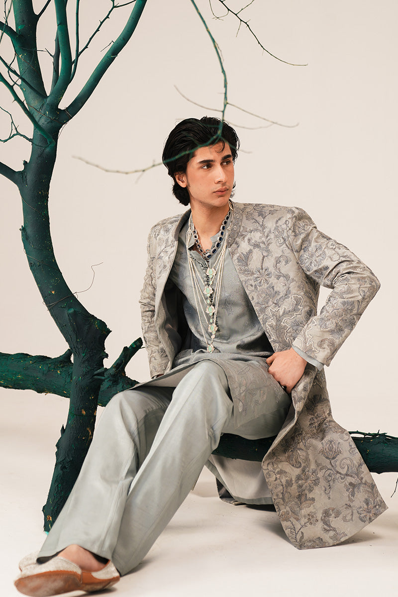 Silver Grey Hand-Embroidered Silk-Blend Sherwani (3-Piece) - Image 11