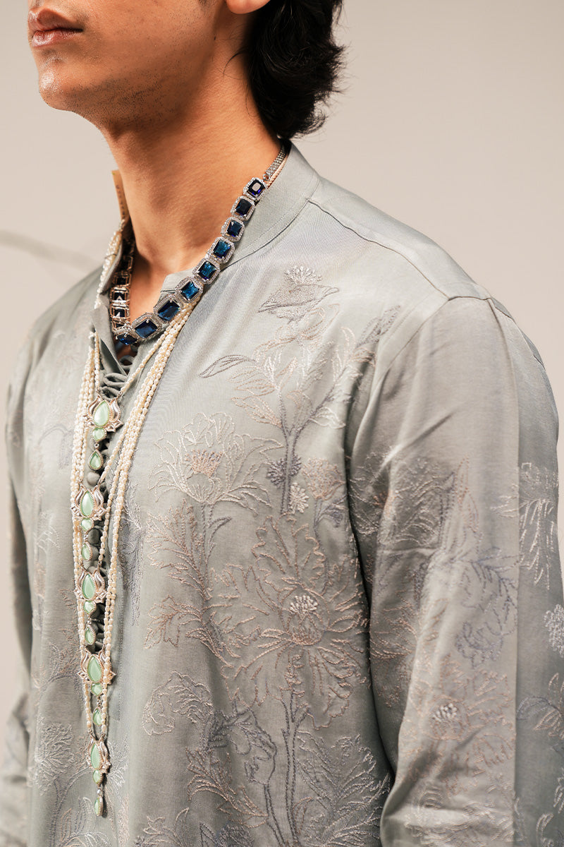 Silver Grey Hand-Embroidered Silk-Blend Sherwani (3-Piece) - Image 15