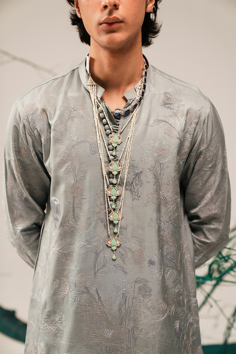 Silver Grey Hand-Embroidered Silk-Blend Sherwani (3-Piece) - Image 16