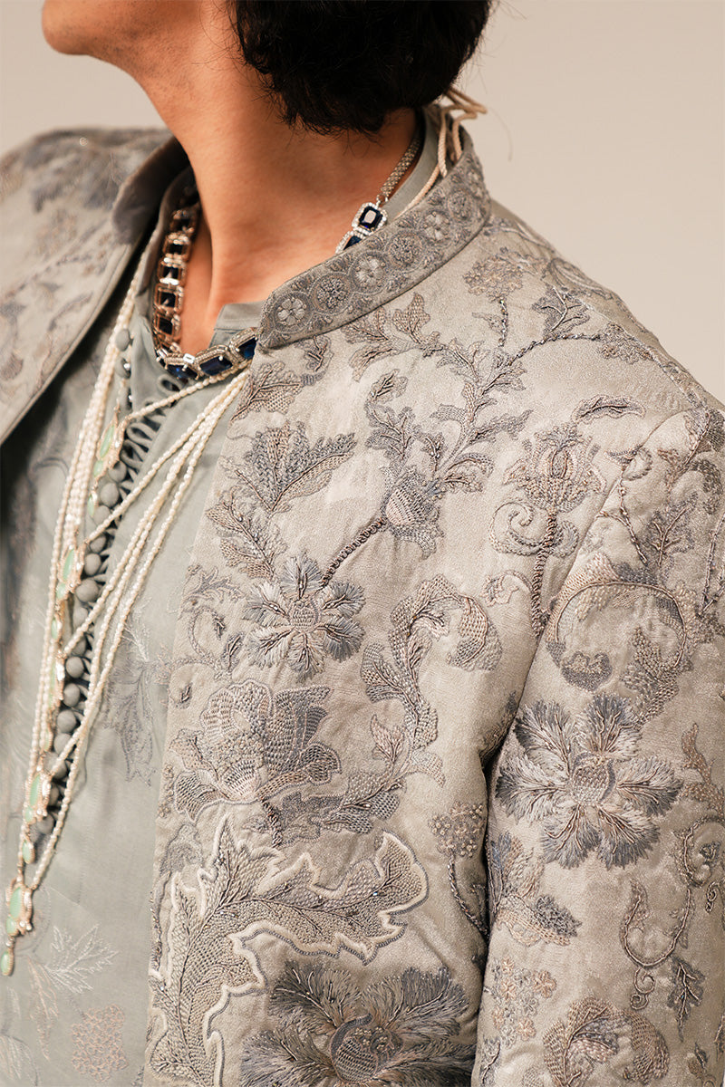 Silver Grey Hand-Embroidered Silk-Blend Sherwani (3-Piece) - Image 5