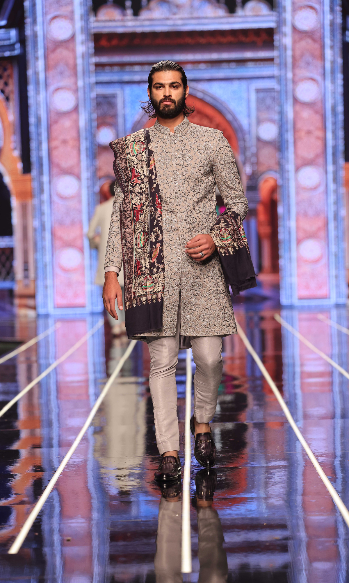 Grey Hand-Embroidered Silk-Blend Achkan Sherwani (3-Piece) - Image 3