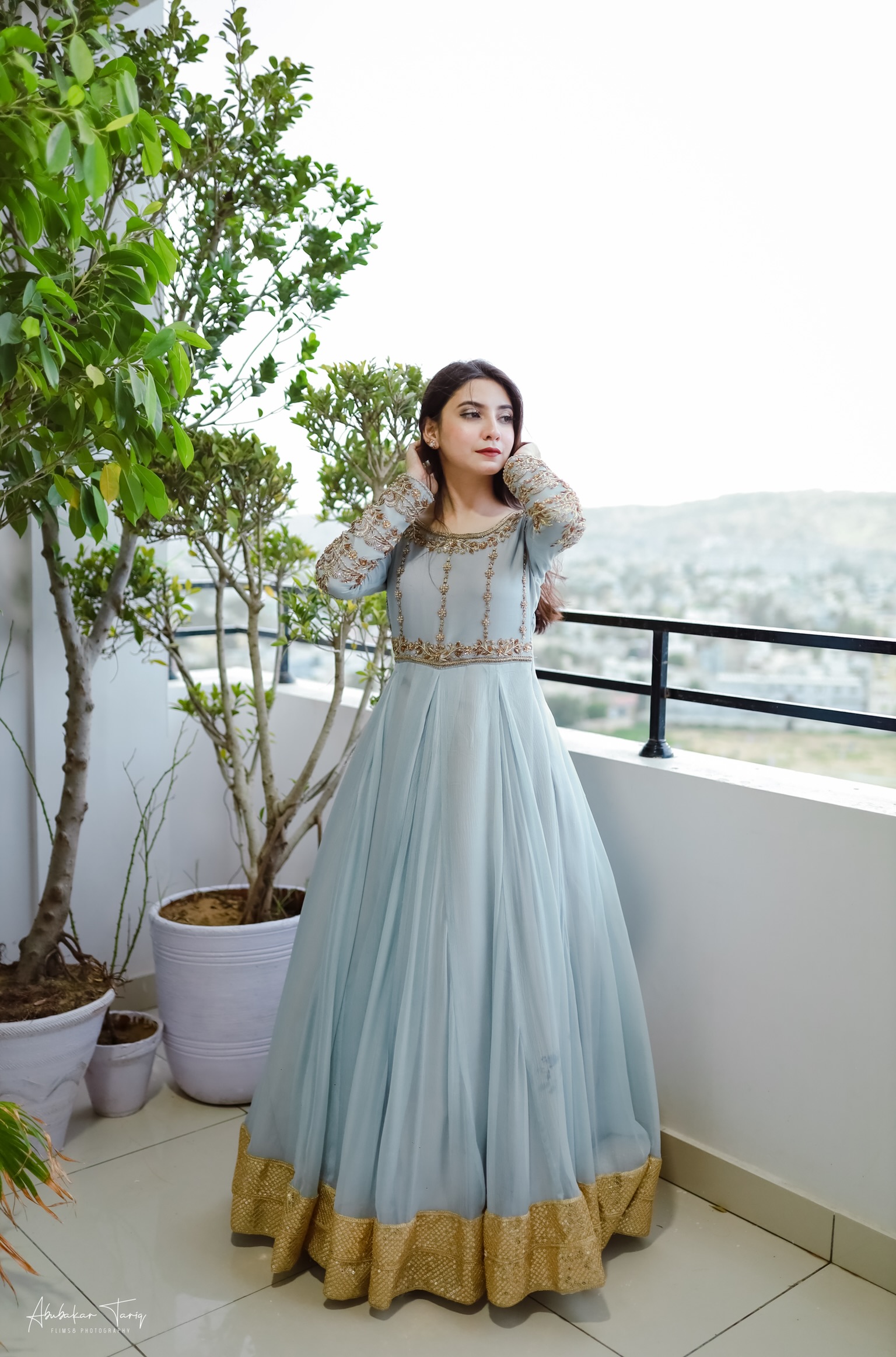 Indian Powder Grey Hand-Embellished Chiffon Anarkali (1-Pc) - Image 10