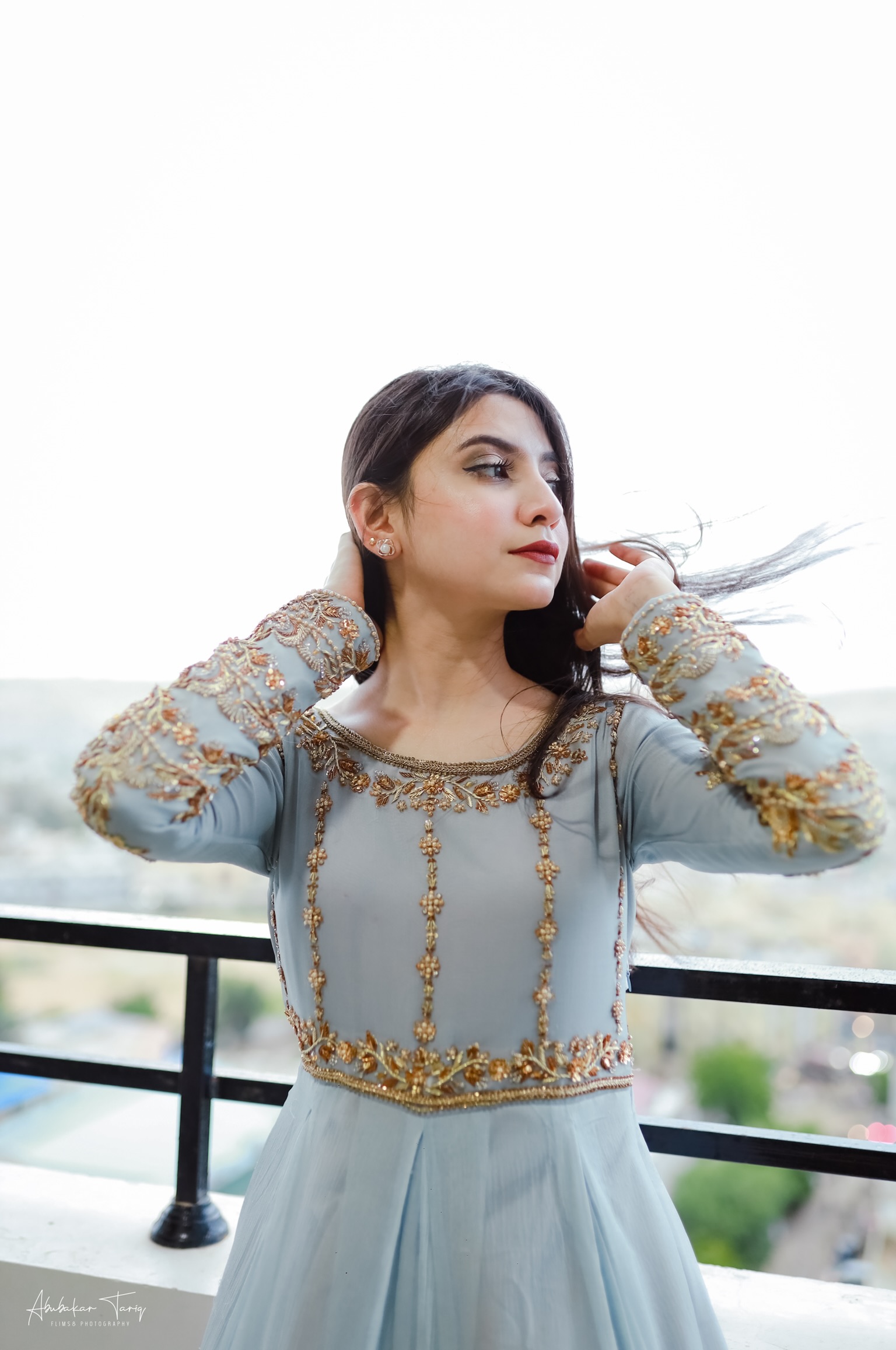 Indian Powder Grey Hand-Embellished Chiffon Anarkali (1-Pc) - Image 5