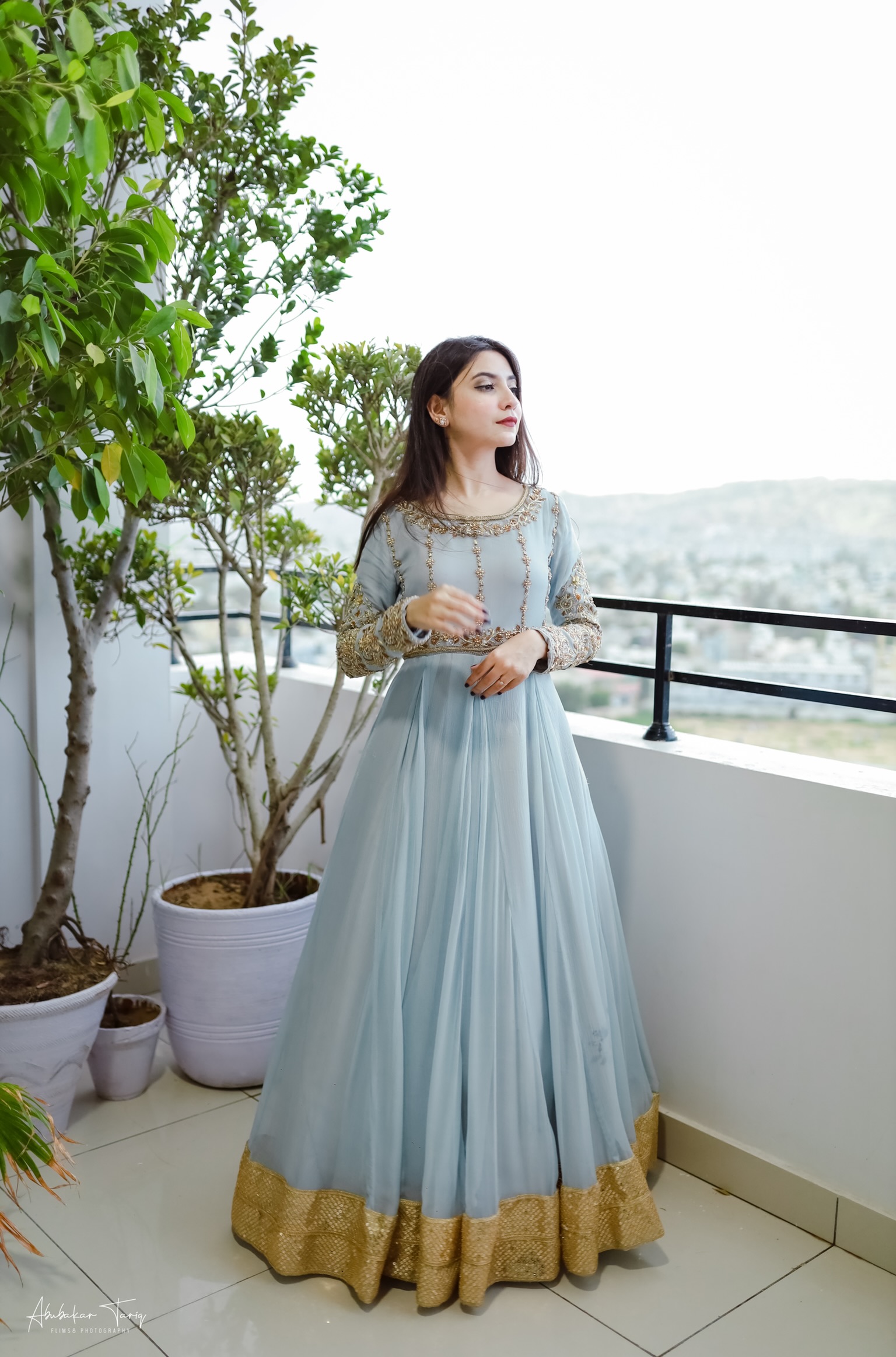 Indian Powder Grey Hand-Embellished Chiffon Anarkali (1-Pc) - Image 6