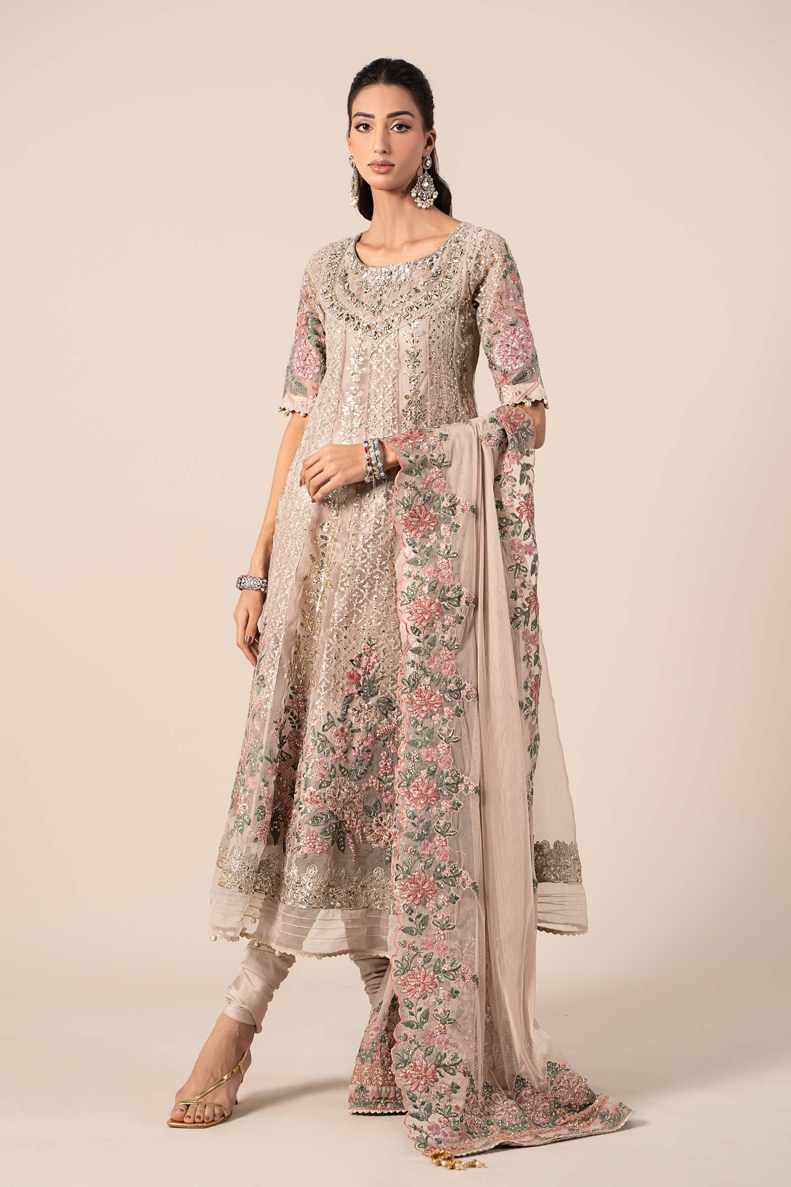 Grey Embroidered Organza Anarkali Dress (3-Piece) - Image 1