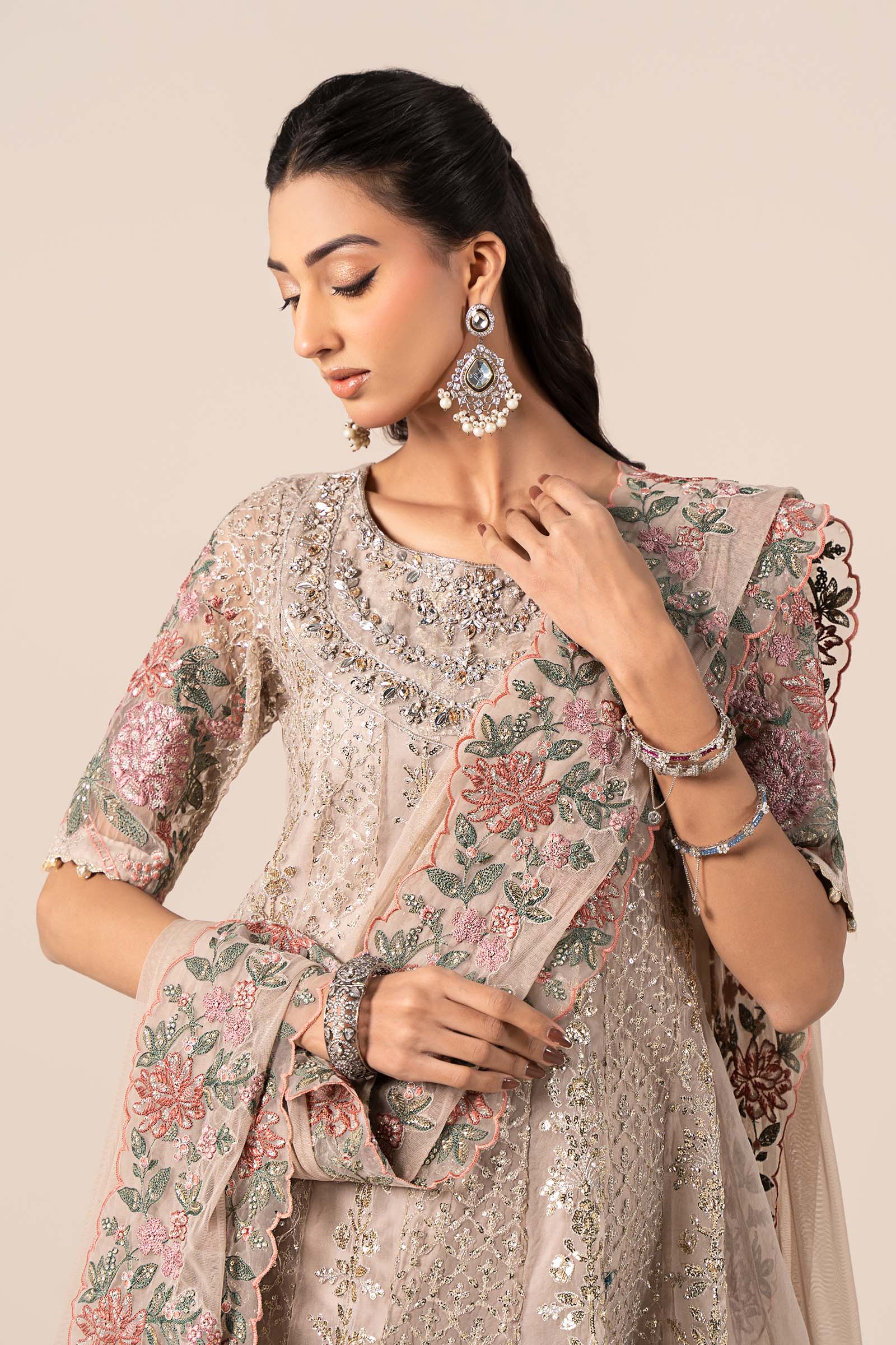 Grey Embroidered Organza Anarkali Dress (3-Piece) - Image 2