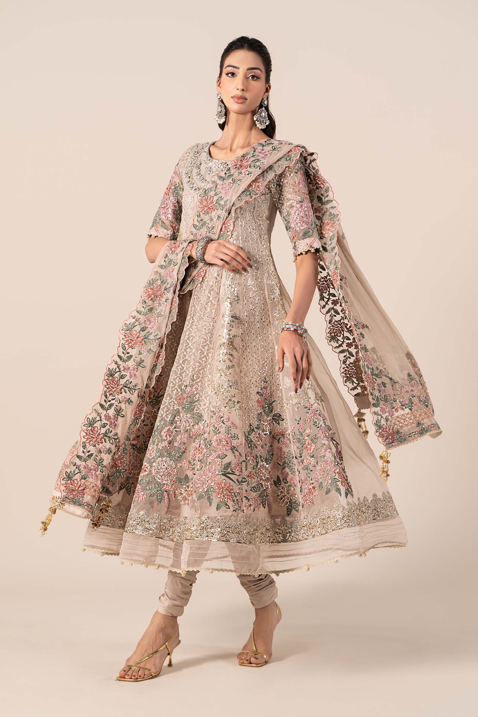 Grey Embroidered Organza Anarkali Dress (3-Piece) - Image 3