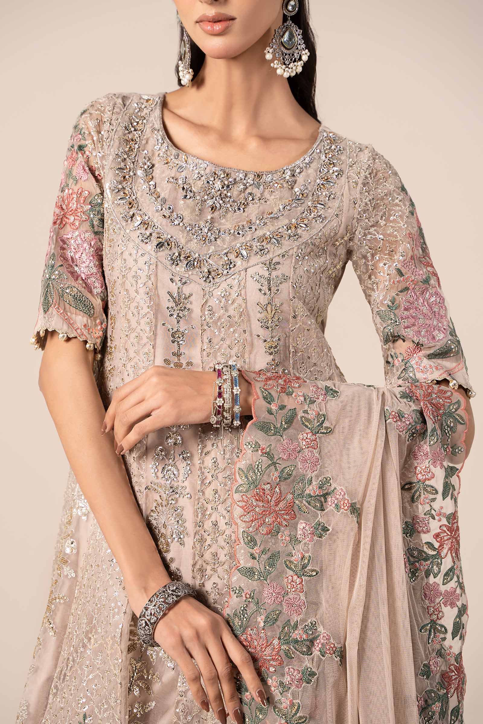 Grey Embroidered Organza Anarkali Dress (3-Piece) - Image 4