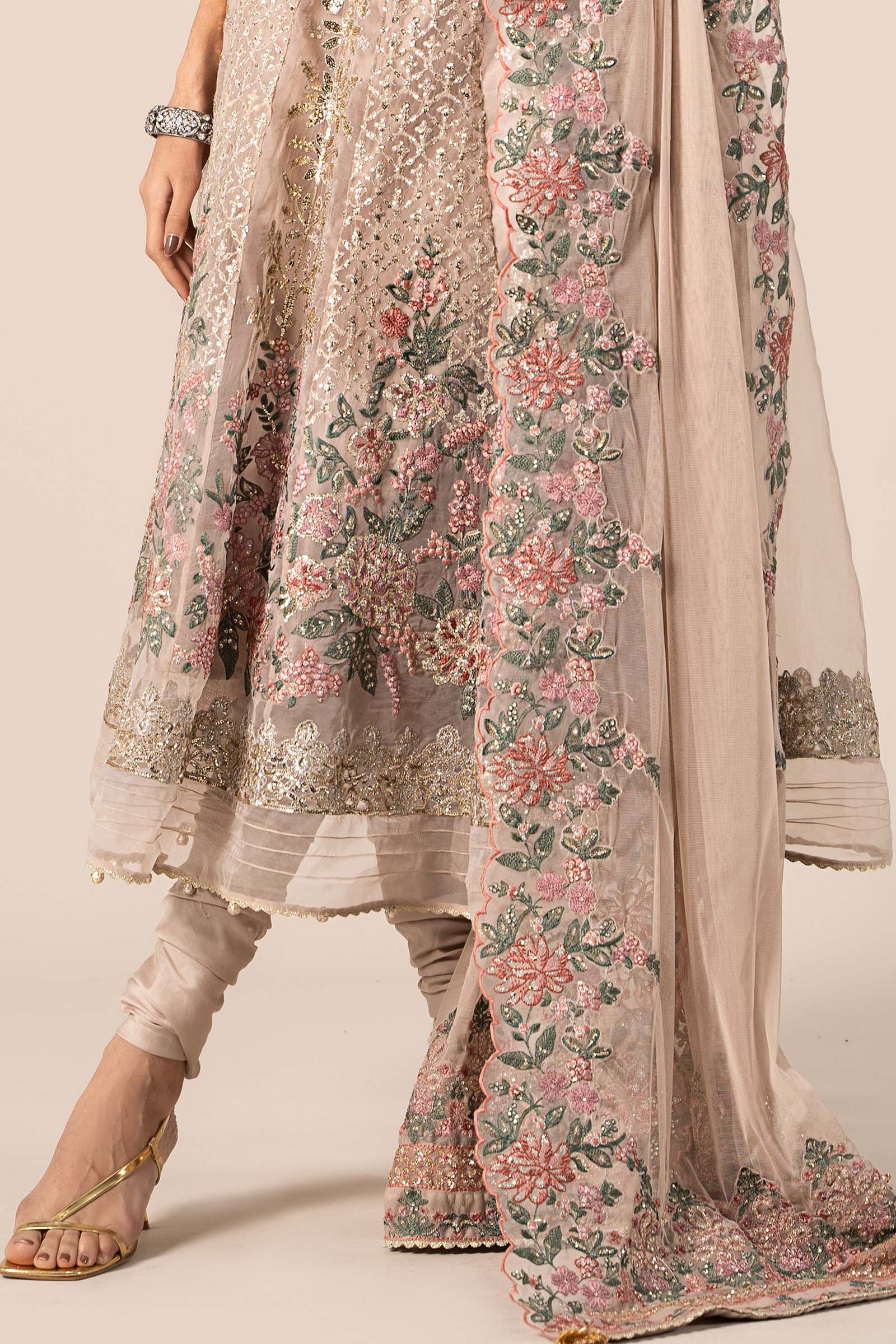Grey Embroidered Organza Anarkali Dress (3-Piece) - Image 5