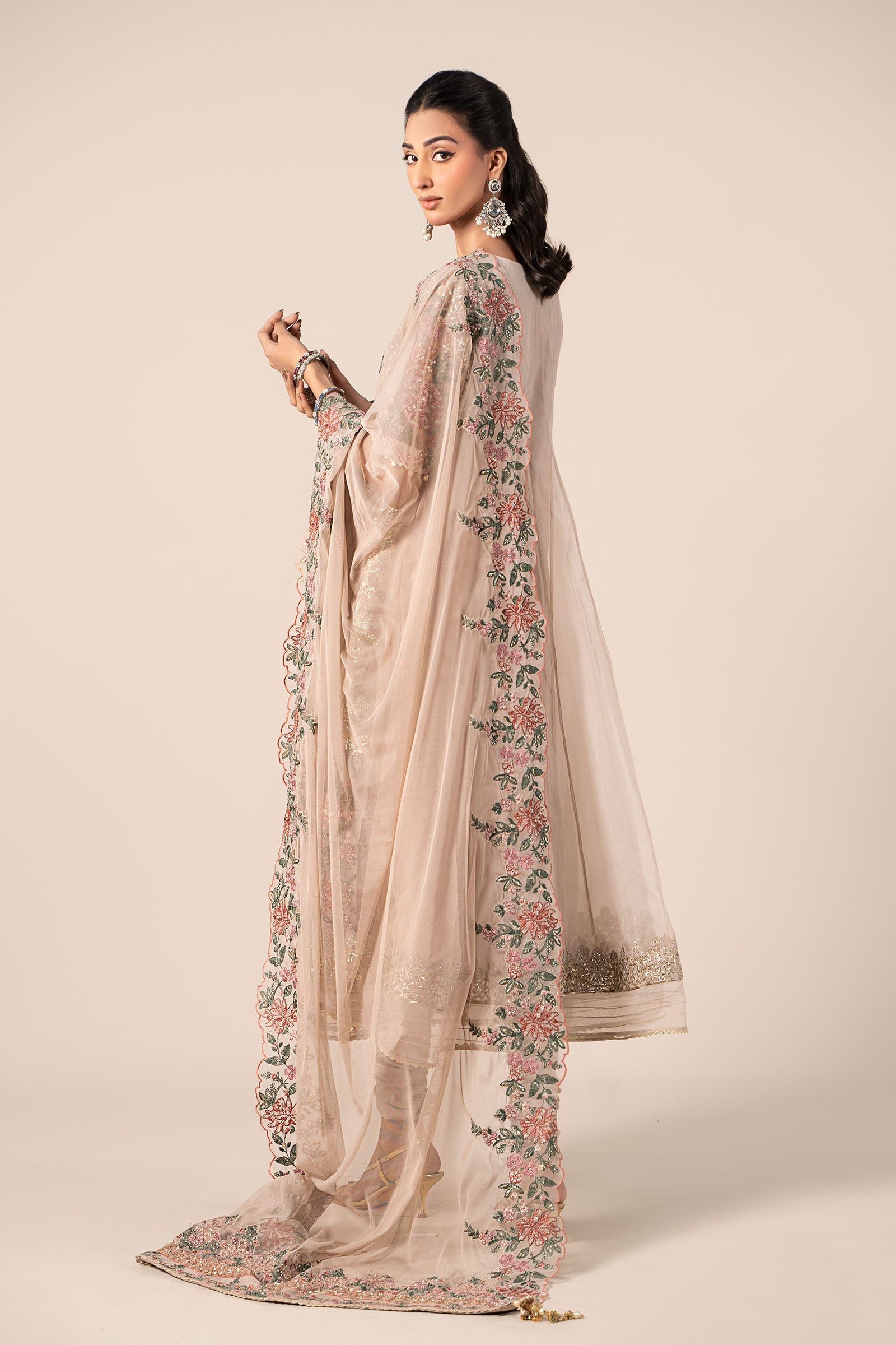 Grey Embroidered Organza Anarkali Dress (3-Piece) - Image 6