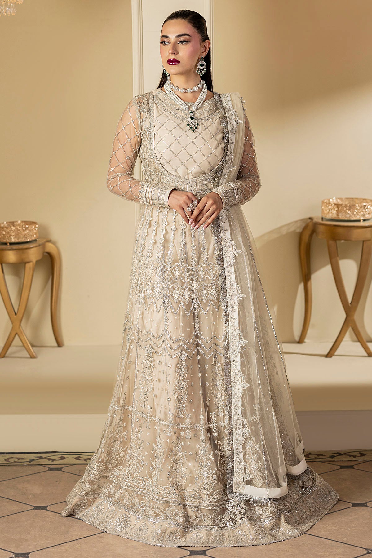 Dove Grey Embroidered Net Silk Anarkali (3-Piece) - Image 1