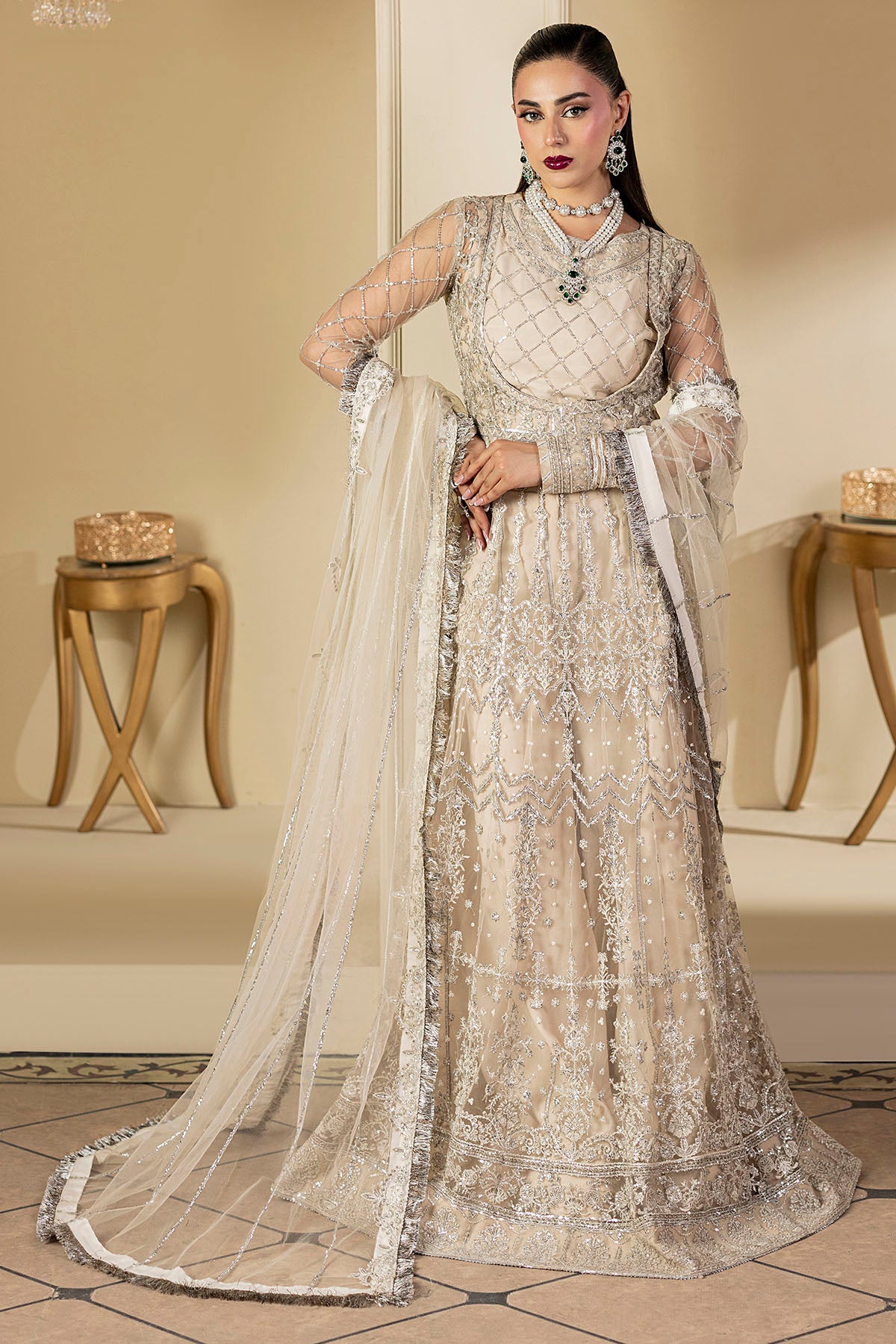 Dove Grey Embroidered Net Silk Anarkali (3-Piece) - Image 2