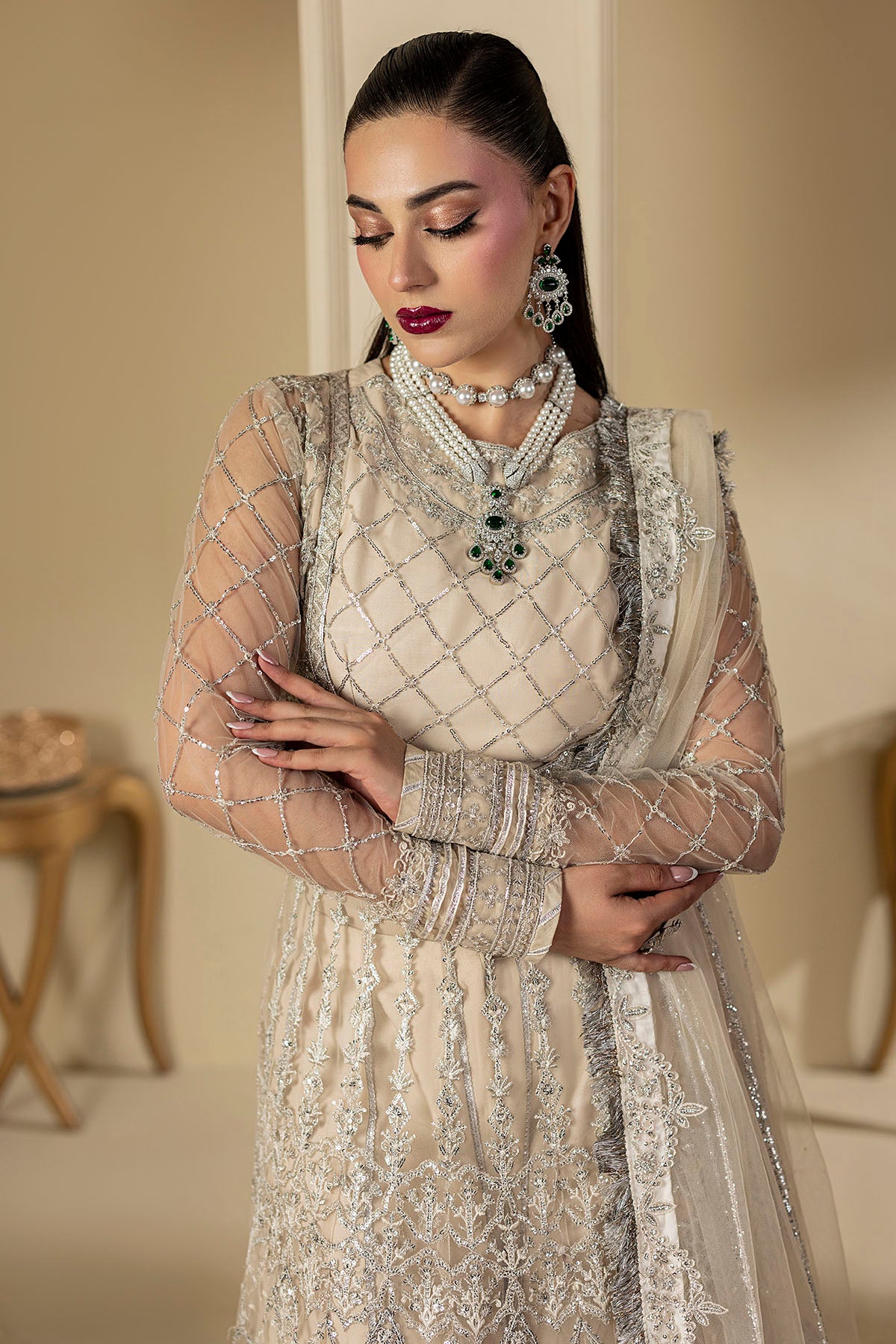 Dove Grey Embroidered Net Silk Anarkali (3-Piece) - Image 3
