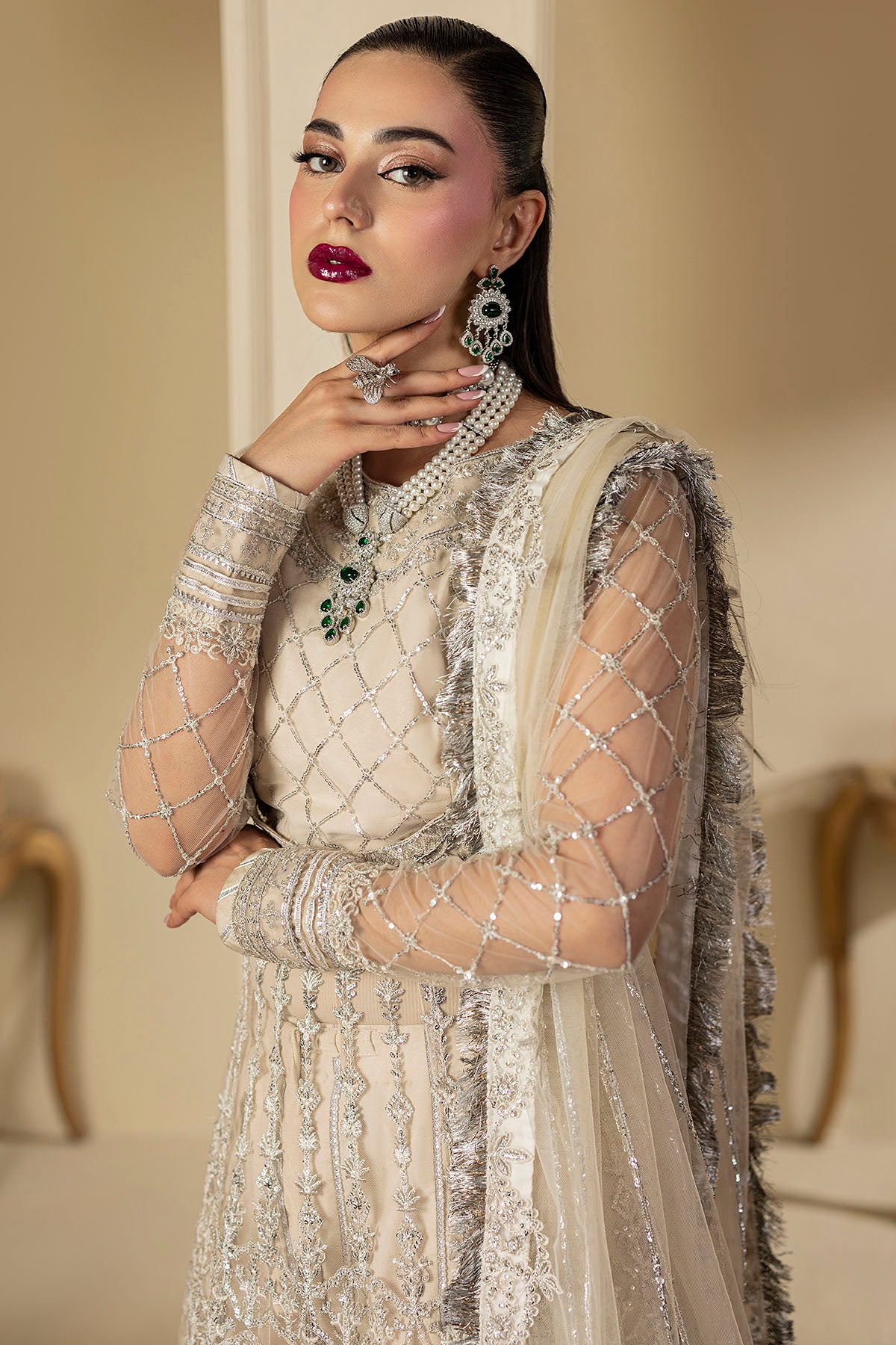 Dove Grey Embroidered Net Silk Anarkali (3-Piece) - Image 4