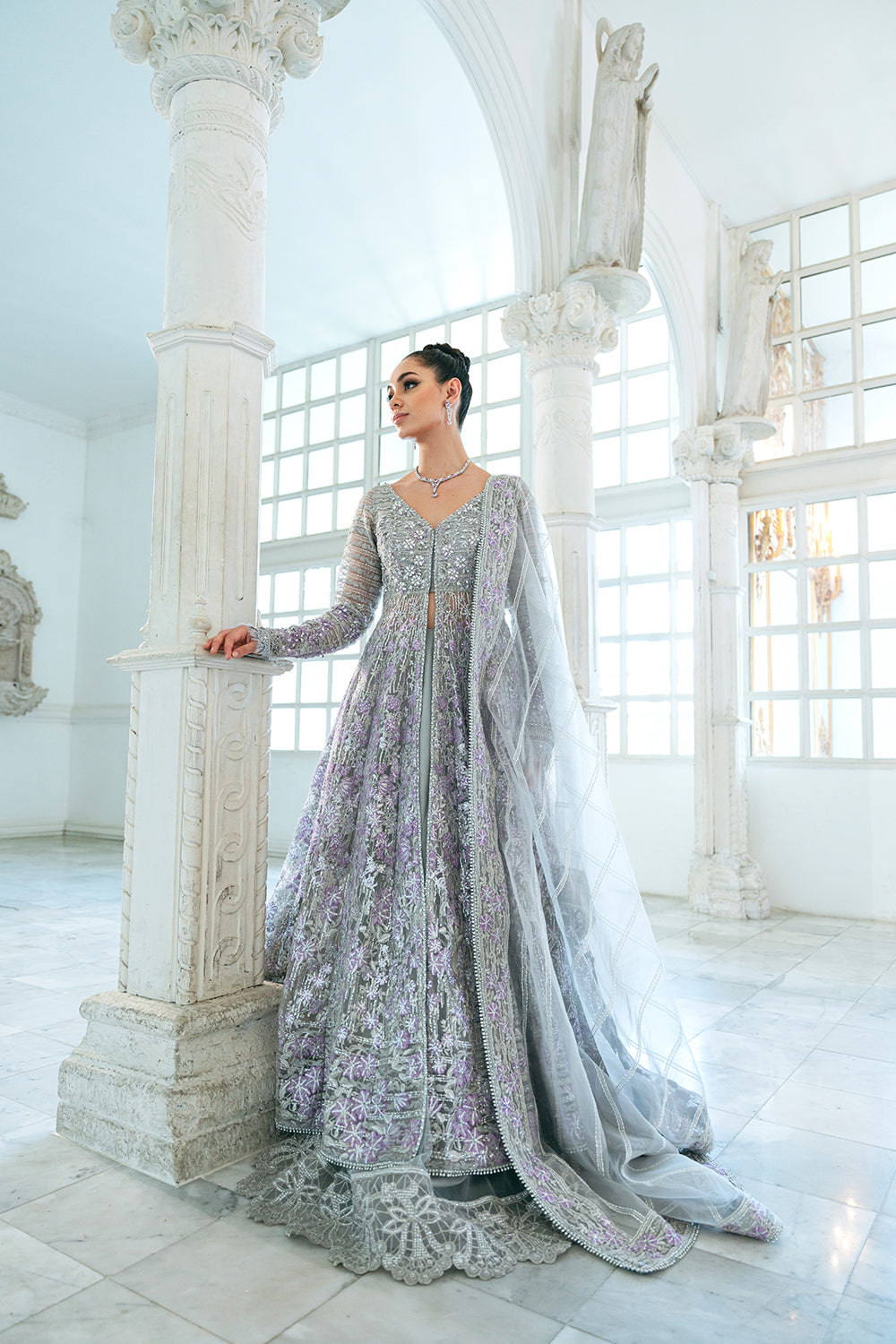 Grey Embellished Organza Anarkali Dress (2-Piece) - Image 2