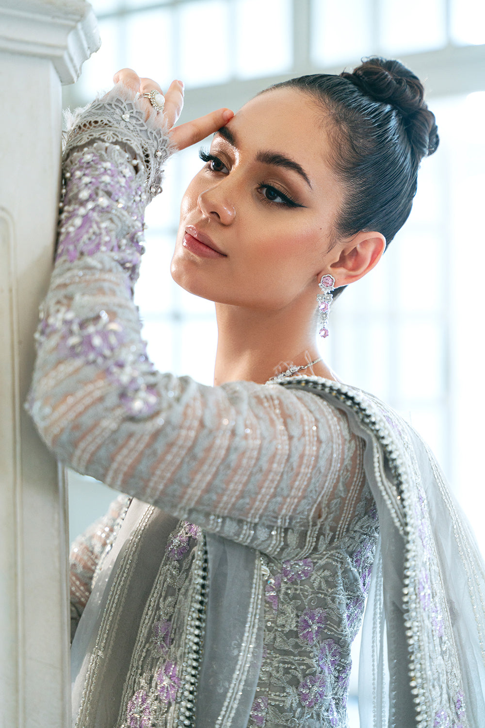 Grey Embellished Organza Anarkali Dress (2-Piece) - Image 3