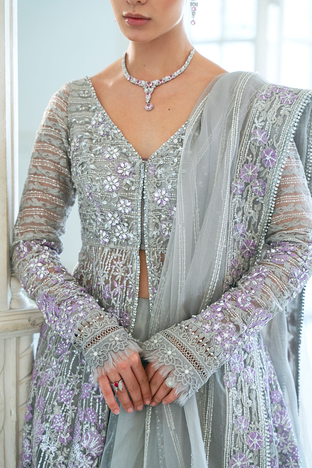 Grey Embellished Organza Anarkali Dress (2-Piece) - Image 4