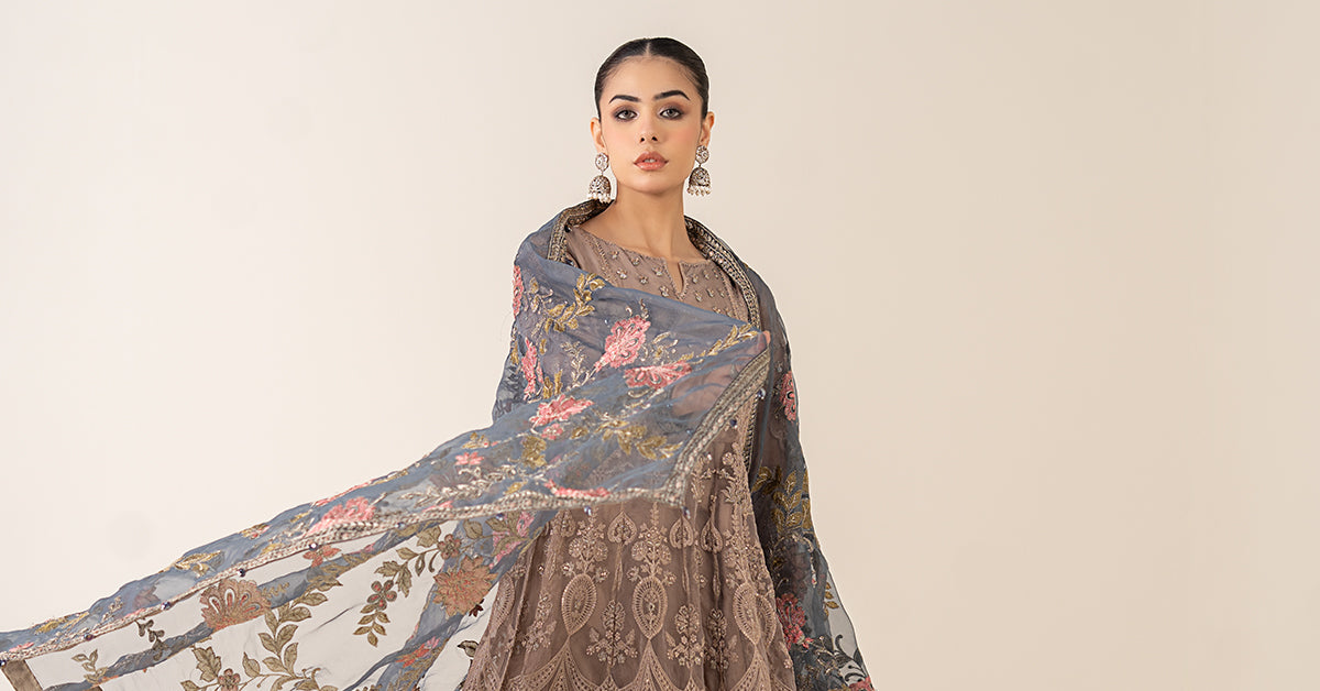 Pakistani Grey Embroidered Organza Anarkali Dress (3-Piece) - Image 10