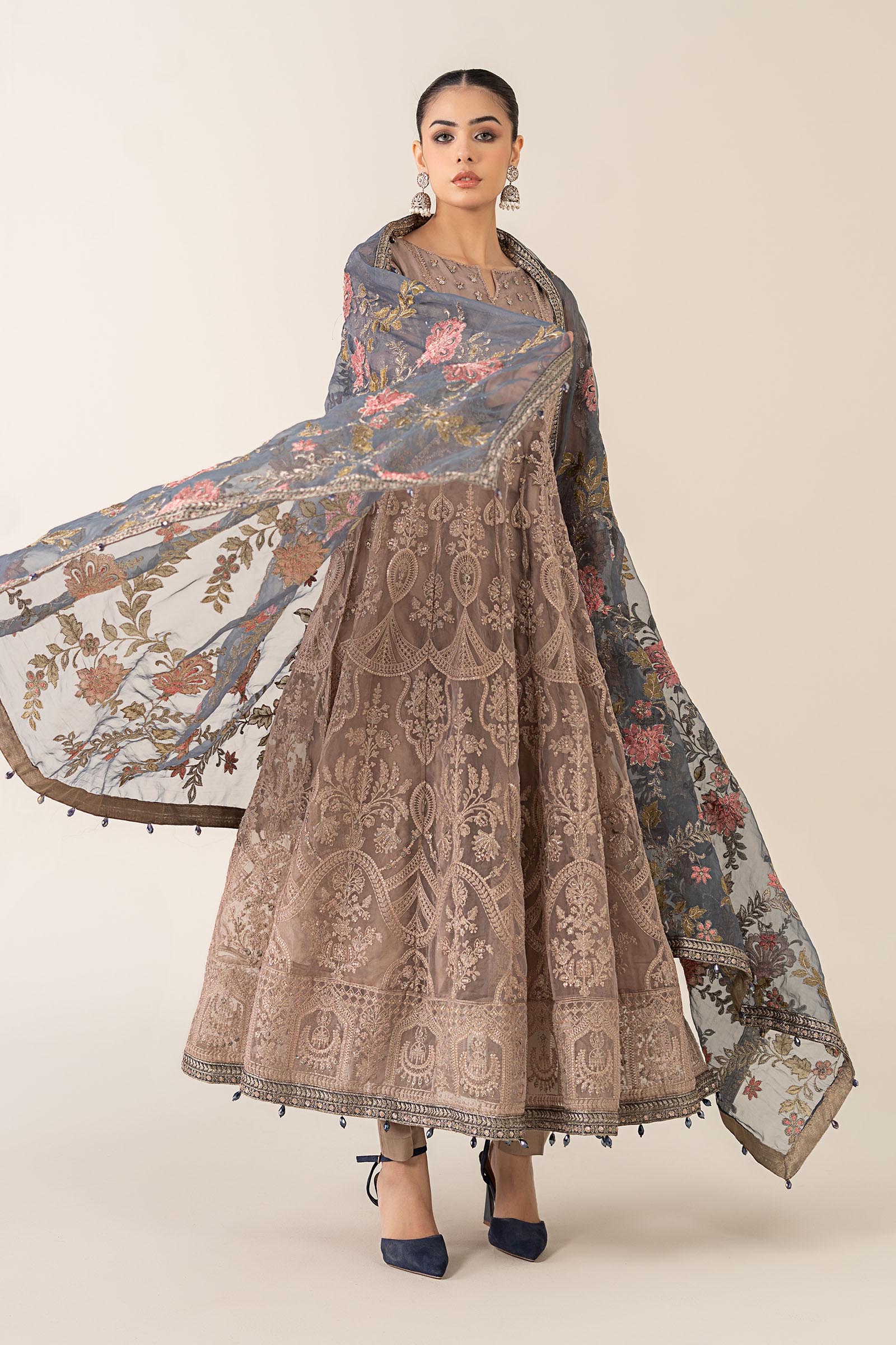 Pakistani Grey Embroidered Organza Anarkali Dress (3-Piece) - Image 2