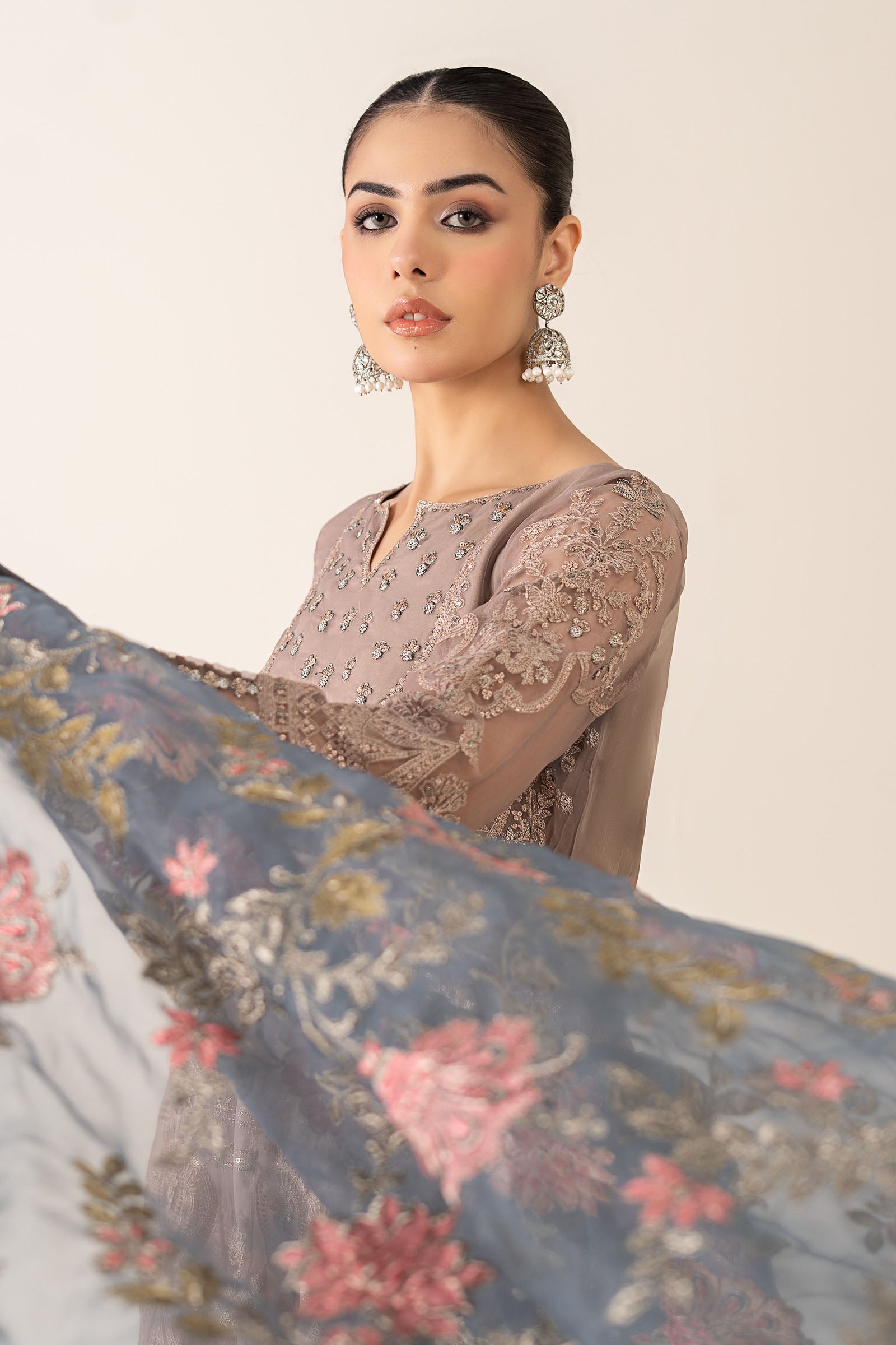 Pakistani Grey Embroidered Organza Anarkali Dress (3-Piece) - Image 3