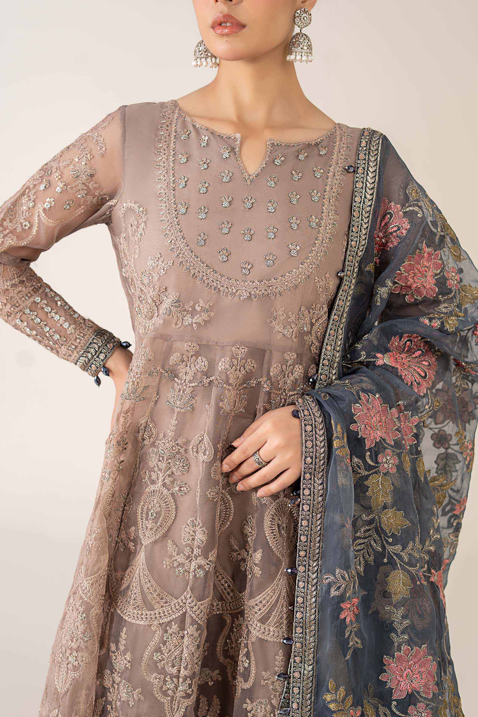 Pakistani Grey Embroidered Organza Anarkali Dress (3-Piece) - Image 4